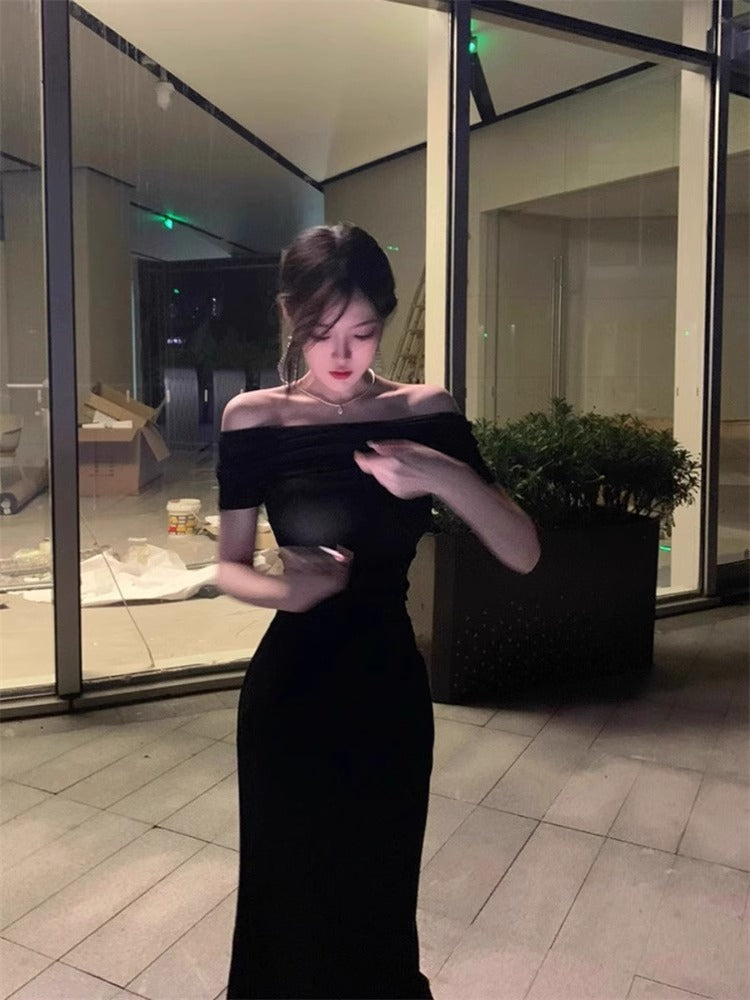 Vestido Midi Negro Escote Bardot