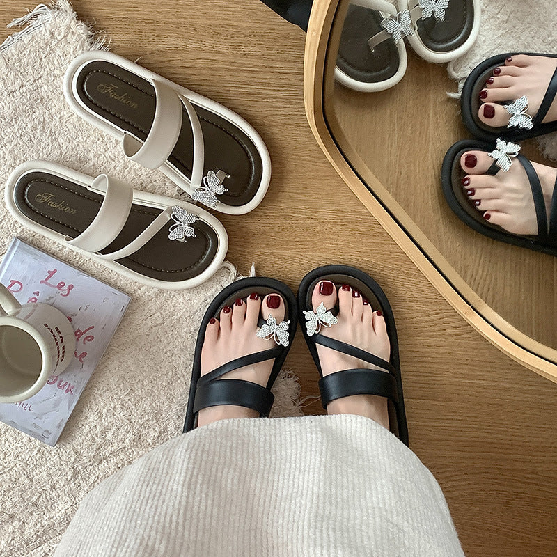 Sandalias Planas con Mariposa y Diamantes
