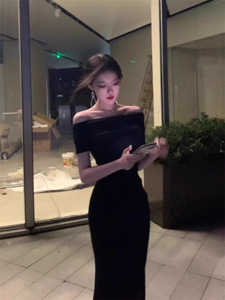 Vestido Midi Negro Escote Bardot