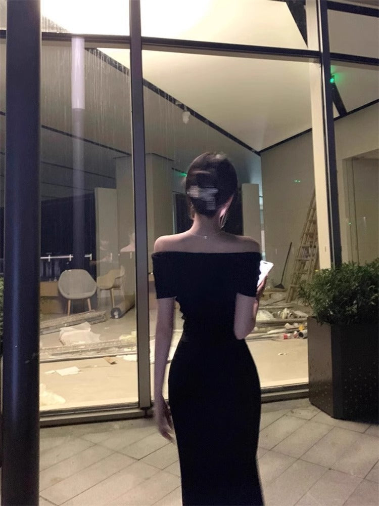 Vestido Midi Negro Escote Bardot