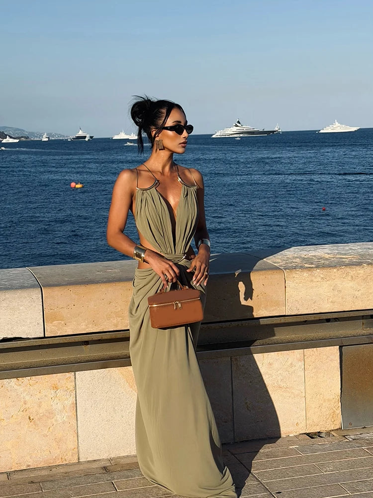 Vestido Maxi Espalda Descubierta con Detalle Metálico