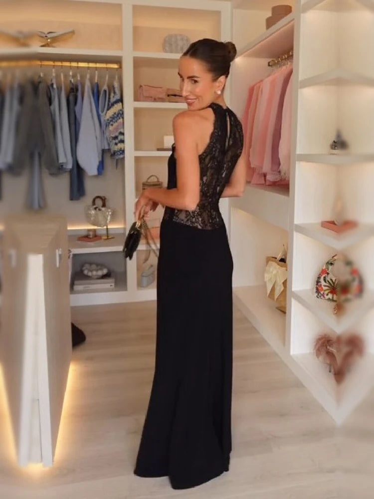 Vestido Maxi Halter de Encaje Negro