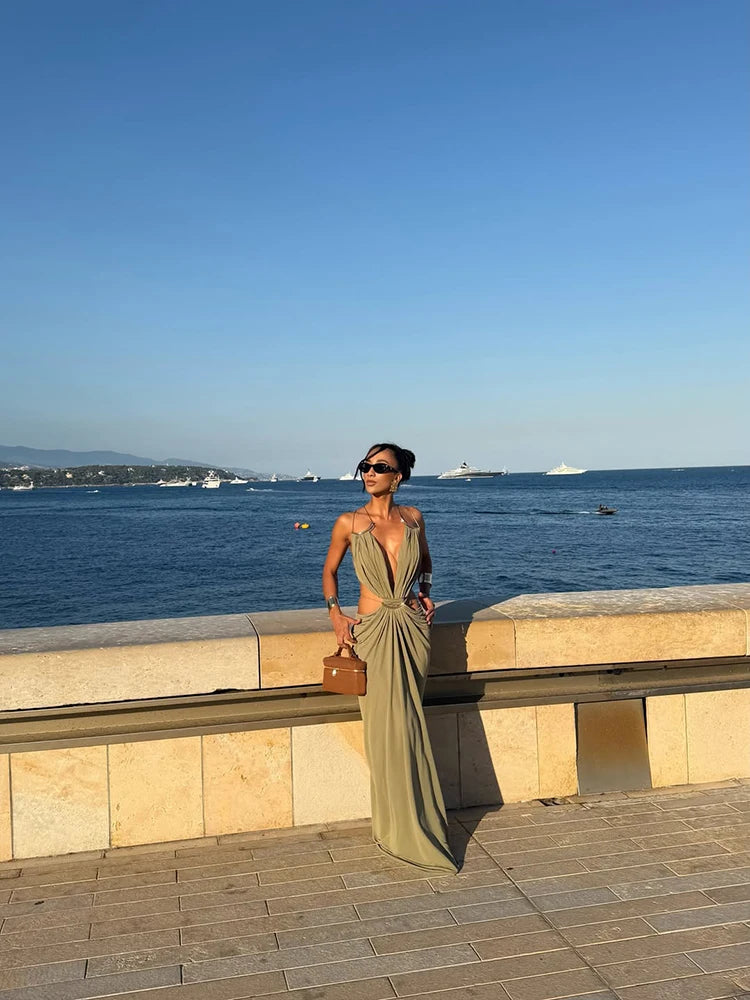 Vestido Maxi Espalda Descubierta con Detalle Metálico