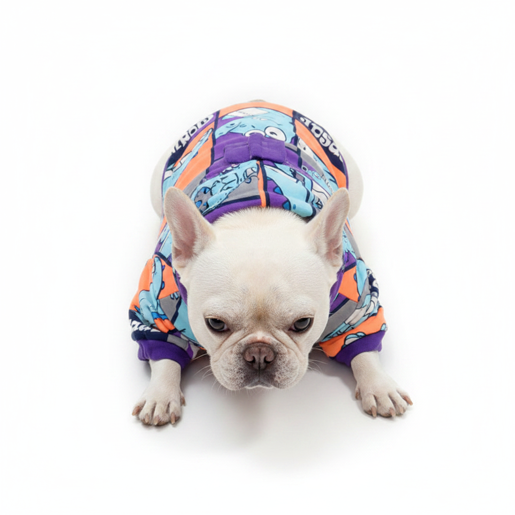 Bulldog francés tumbado con sudadera dinosaurio fondo blanco