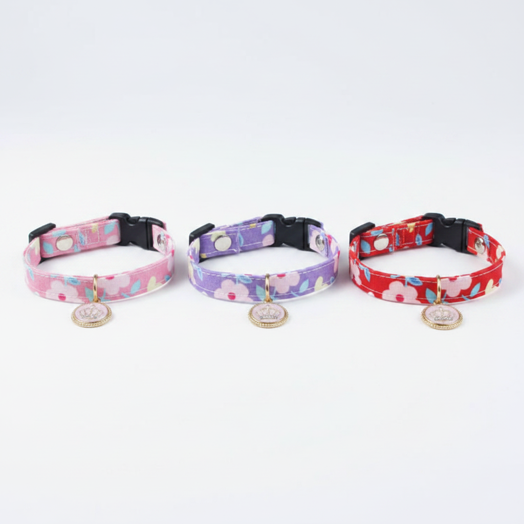 Collar floral para mascotas en 3 colores morado rosa y rojo