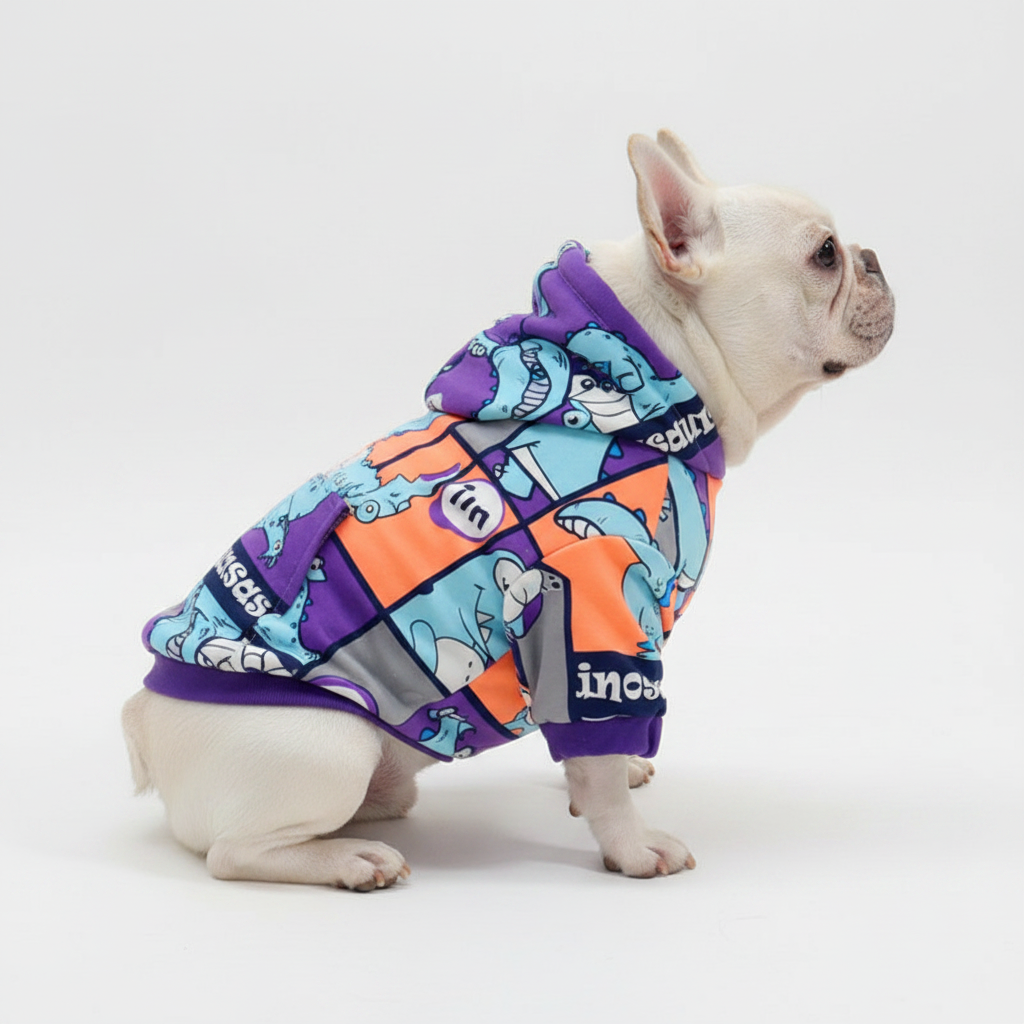 Bulldog francés con sudadera dinosaurio perfil fondo blanco