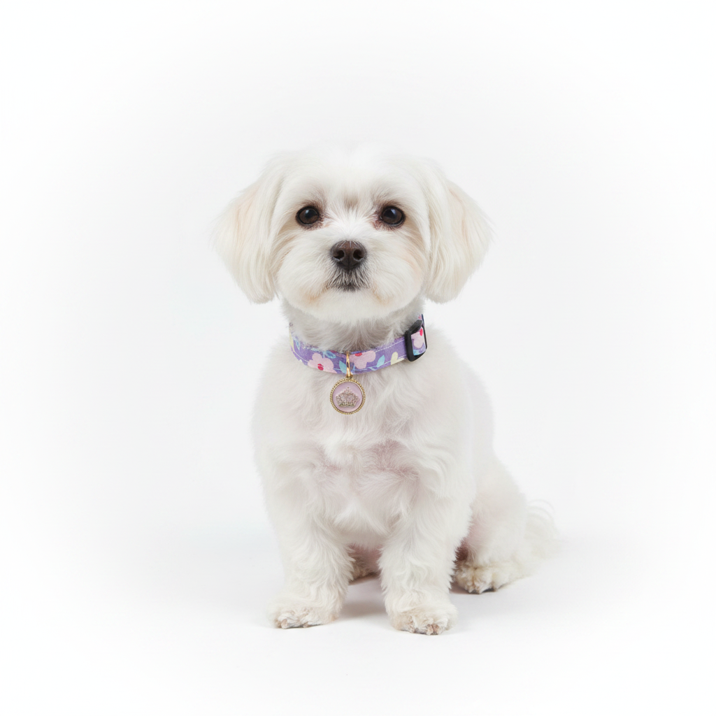 Perro maltes con collar floral morado fondo blanco