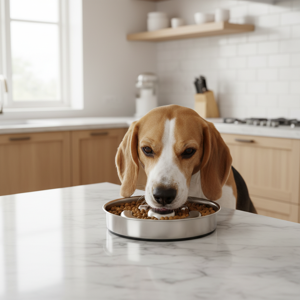Beagle comiendo en comedero antiengulle cocina escandinava