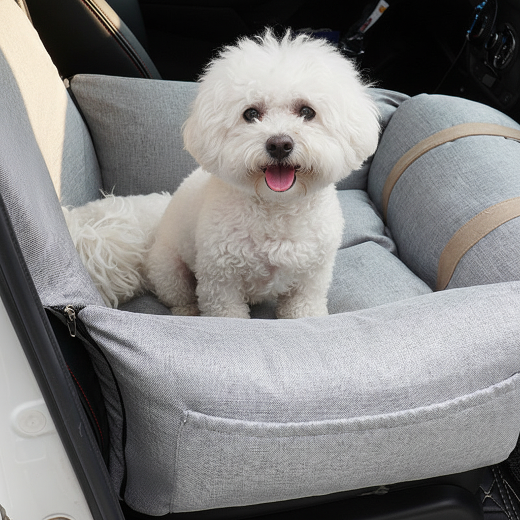 Bichón en sofá nido gris claro en coche lifestyle
