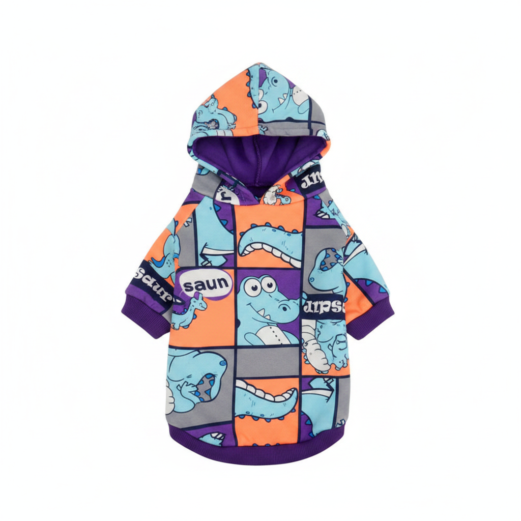 Sudadera dinosaurio morada y naranja para perros fondo blanco