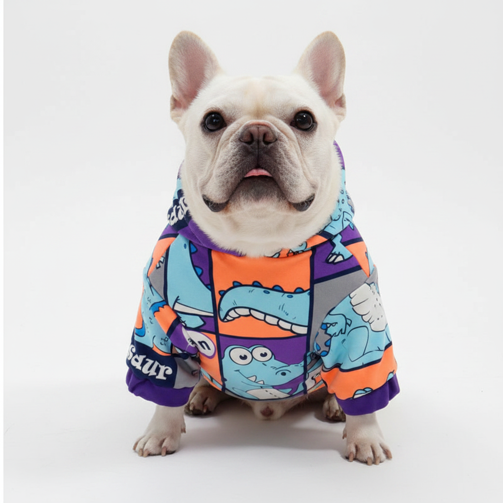 Bulldog francés con sudadera dinosaurio frontal fondo blanco