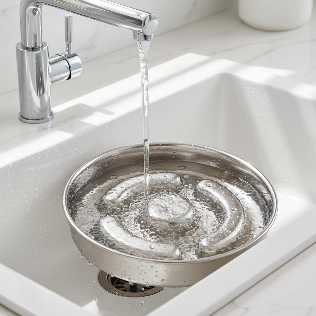 Comedero antiengulle limpiándose con agua bajo el grifo