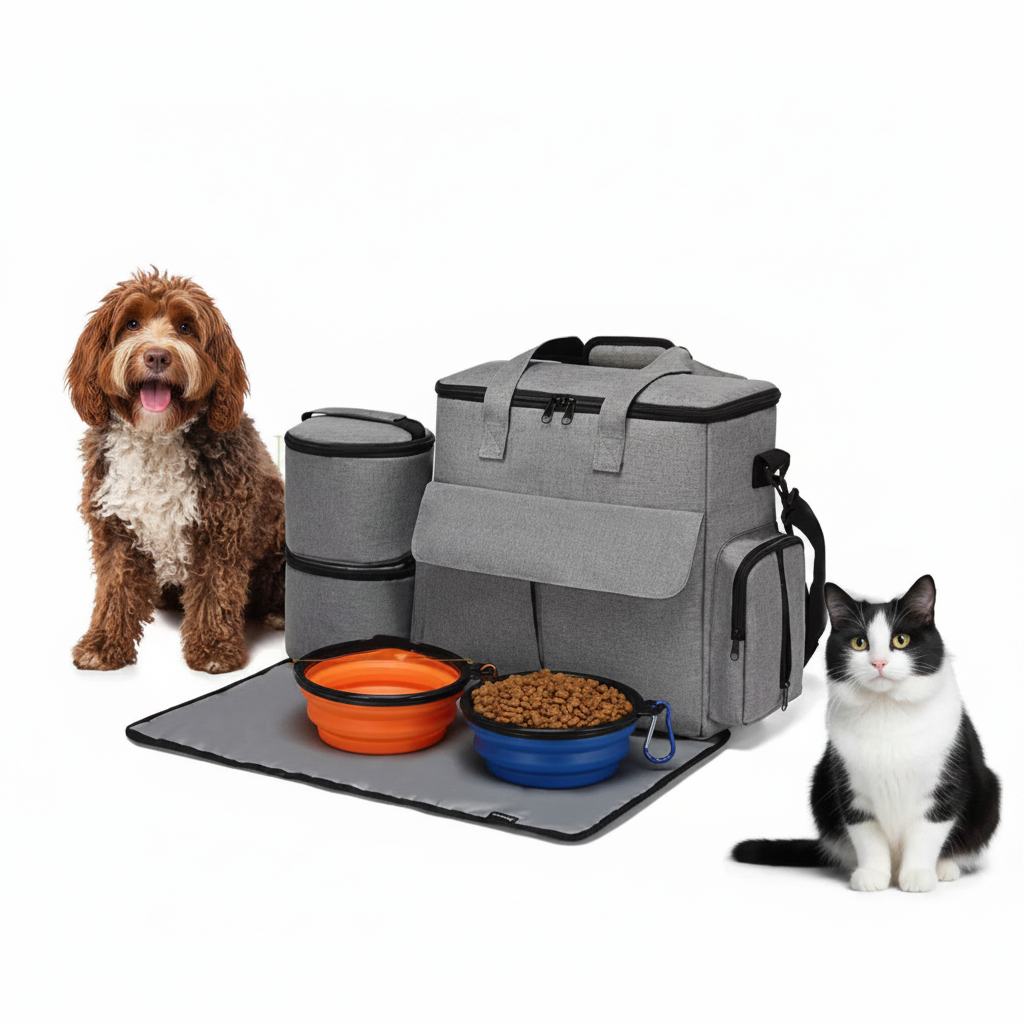 Perro junto a mochila de viaje completa para mascotas