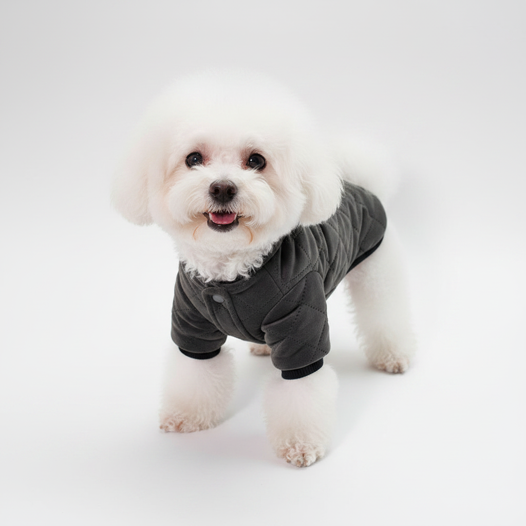 Bichón con chaqueta gris vista frontal estudio