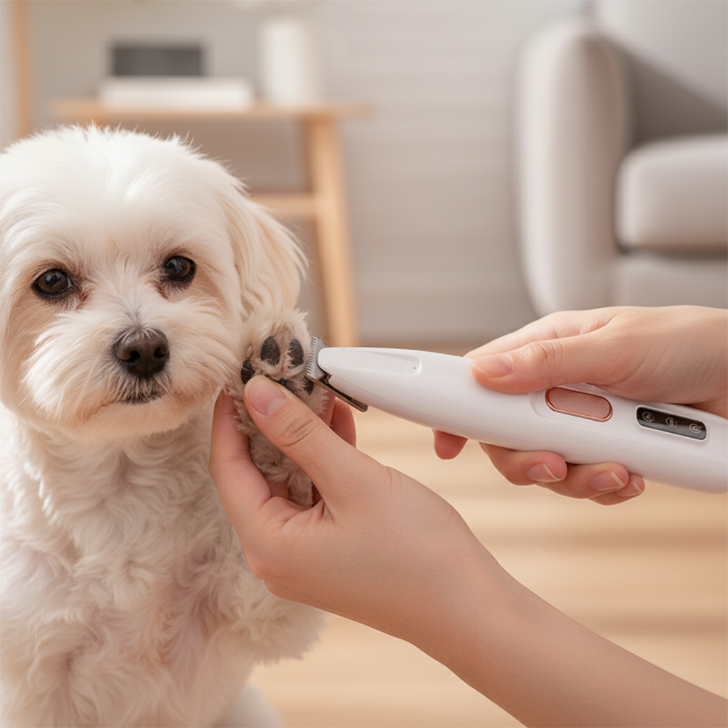 Cortando pelo entre patas de perro con cortapelos eléctrico