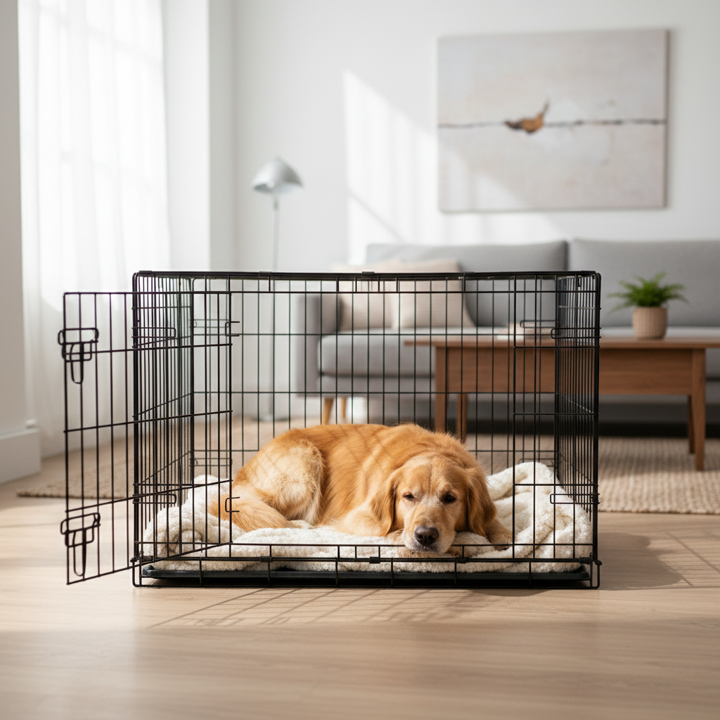 Golden Retriever descansando dentro de jaula plegable en salón