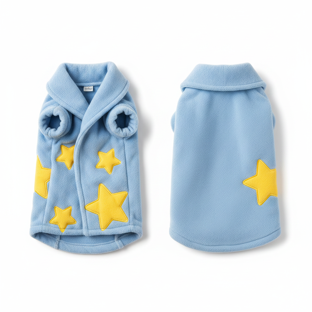 Pijama flanela azul con estrellas amarillas fondo blanco